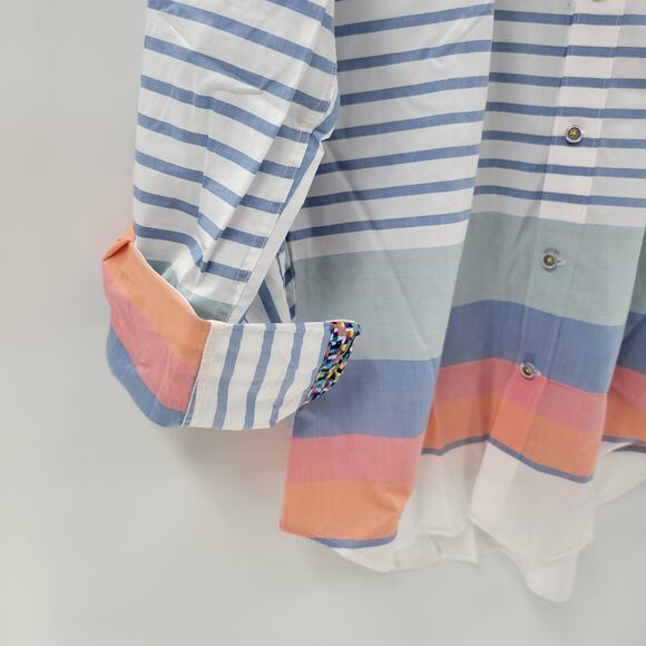 Robert Graham Mens Button Up Shirt XL White Blue Striped Geometric Flip Cuffs - Picture 15 of 16